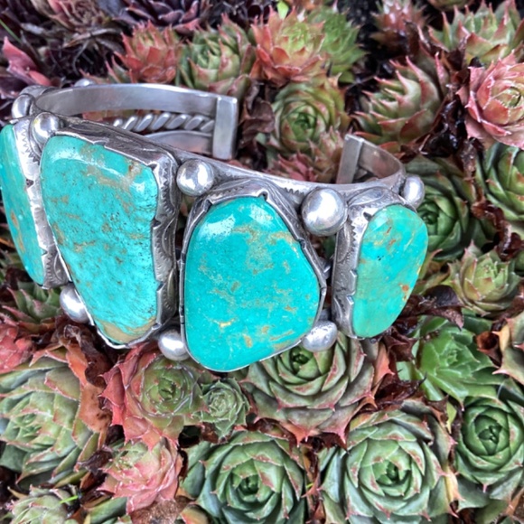 Vintage Navajo Cripple Creek Turquoise Slabs Rope Cuff - Picture 7 of 11